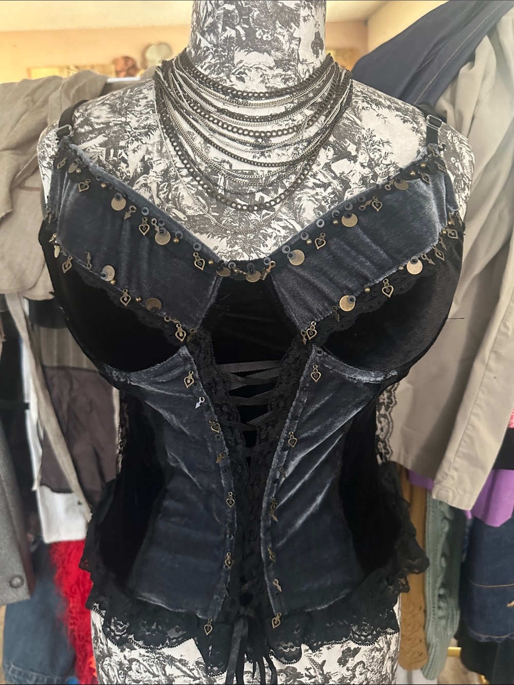 Black Velvet Lace-Up Corset Camisole with Coin Trim - Women